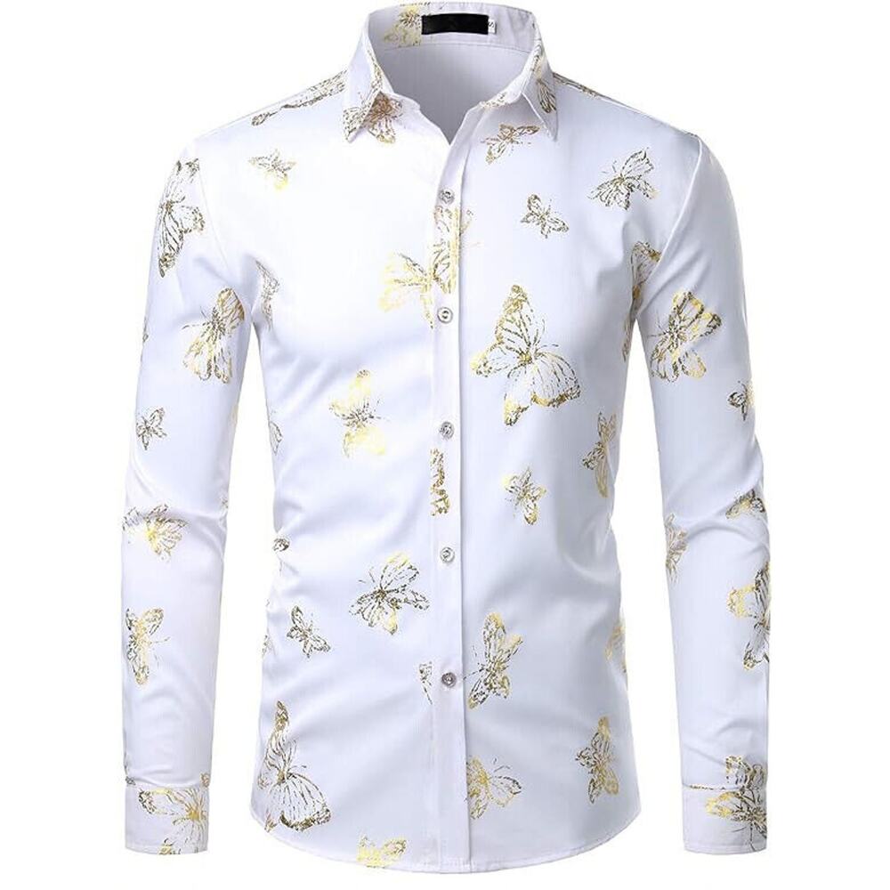 ZEROYAA Men's‎ Butterfly Printed Slim Fit Long Sleeve Button Up Dress Shirt XXL